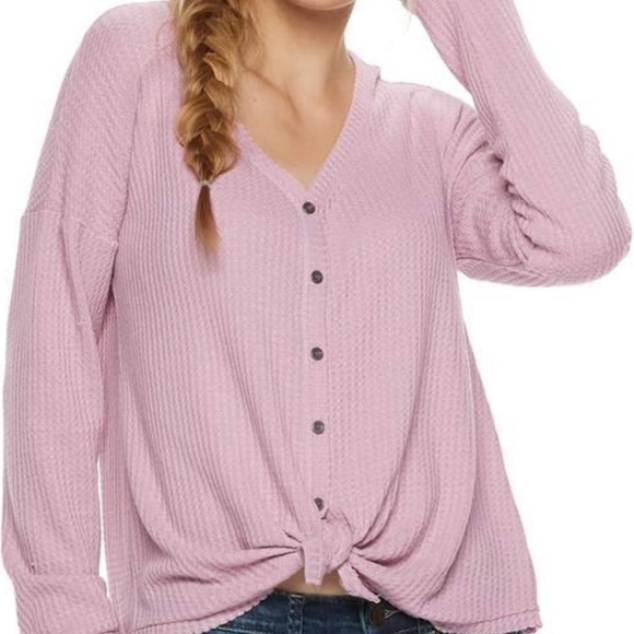 Mudd Tops - Mudd Pink Waffle-Knit Button Front Long Sleeve